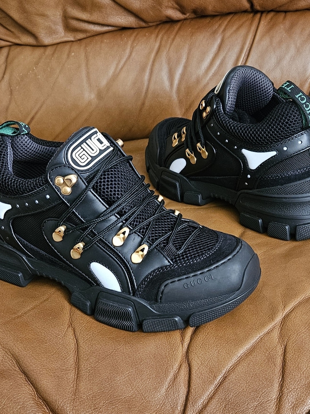 New Men's Gucci Flashtrek Black Leather Chunky Lace-Up Sneakers Size 6